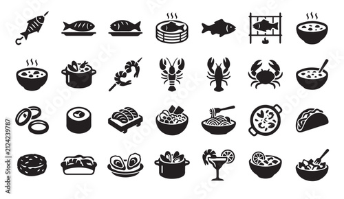 Foto Collection of diverse seafood dishes and culinary icons with seafood platter