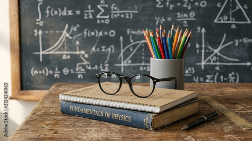 Academic Study Setting with Physics Textbook and Mathematical Equations on a Blackboard