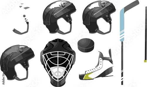 Photography Ice hockey equipment vector element set featuring protective helmets goaltender