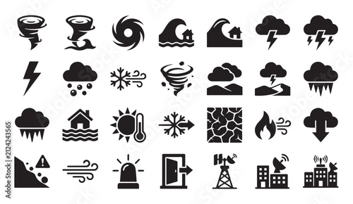 Set of severe weather and natural disaster icons with disaster, hurricane