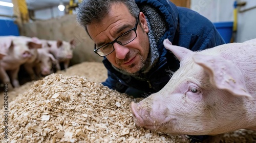 Caretaker inspecting dry bedding in pig enclosure after cleaning