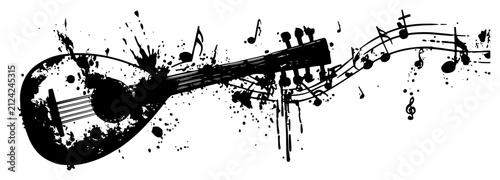 Foto Lute musical instrument with melodic notes in artistic ink splatter style