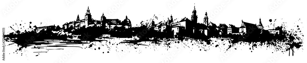 Fototapeta premium Old city skyline panorama and historical architecture in grungy ink splatter style