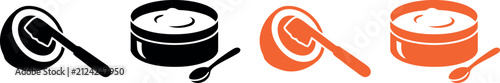 A set of four minimalist vector icons featuring a top view and side view of a food container with a spoon in black and orange