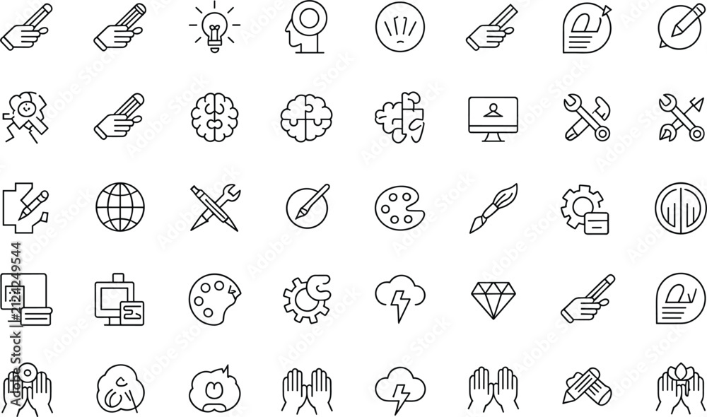 Fototapeta premium Creativity and Brainstorming Icon Set with Innovation Mindset Symbols for UI Design Digital Marketing Creative Thinking Project Management Tools Graphic Interface