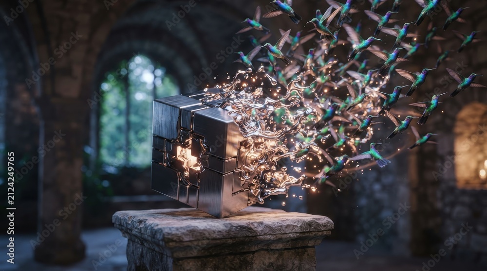 Fototapeta premium Metallic cube transforming into flock of hummingbirds