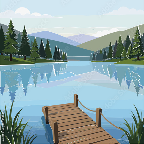 Wooden pier on a calm lake with pine forest mountains and blue sky scenery