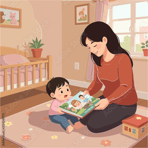Happy mother reading a story book to her baby in a cozy nursery room