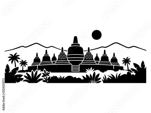 Bild auf Leinwand Panoramic Borobudur temple silhouette with palms and mountains