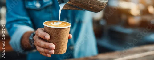 Obraz  z motywem Barista pours milk into a coffee cup at a cafe during a busy afternoon