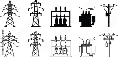 Electric Power Transmission and Distribution Equipment Vector Icons Set with Utility Poles and Transformers