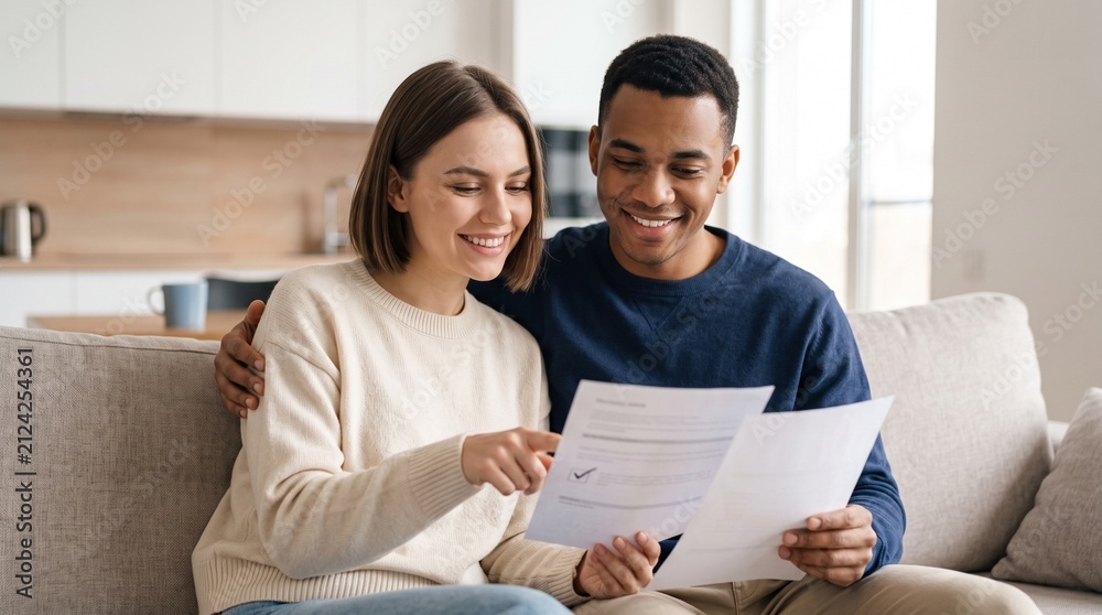 Obraz premium Happy young interracial couple sitting on sofa holding contract checking mortgage loan application document bank form home insurance agreement planning budget together in living room.