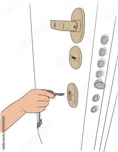 An image is showing door being opened with a key. Vector illustration. Color illustration.