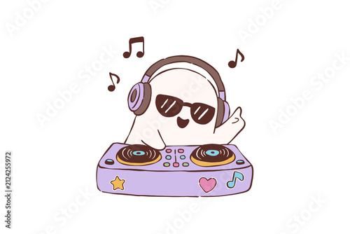 Foto Cool groovy ghost character playing music as dj with headphones for Halloween ho