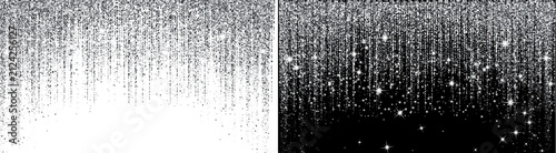 Shimmering silver glitter particles falling in vertical strands creating a festive luxury effect with bright glowing sparks on transparent background
