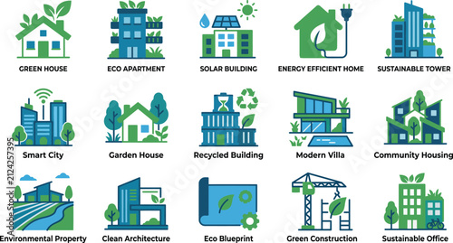 Set of green eco friendly real estate and building icons featuring sustainable architecture and modern residential and commercial property designs