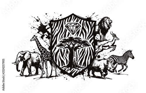 Photography African nature and protection concept doodle pack including wild animals heraldi