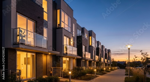 Modern luxury townhouse complex at sunset with warm illuminated windows and sleek contemporary architecture