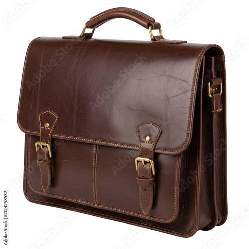Brown leather briefcase closed on surface isolated on transparent background