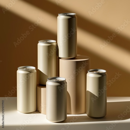 Blank matte gold aluminum cans on cylindrical podiums. Minimalist monochromatic beverage packaging mockup with sharp diagonal shadows