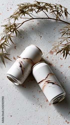 Vertical flat lay of white aluminum cans with abstract brown brushstrokes on a stone surface. Botanical beverage packaging mockup with dried leaves and dappled shadows