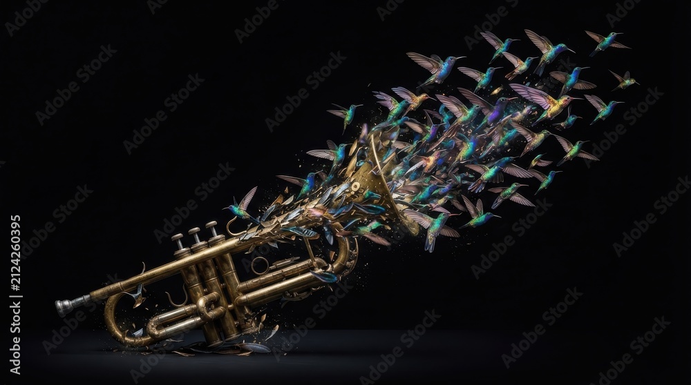 Fototapeta premium Trumpet with flock of hummingbirds