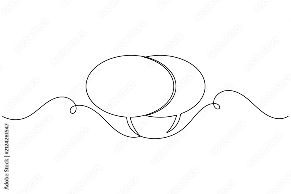 Fototapeta premium Conversation blank chat speech bubble icon sign continuous one line drawing on white background minimalist single art creative discussion and review symbol outline vector illustration