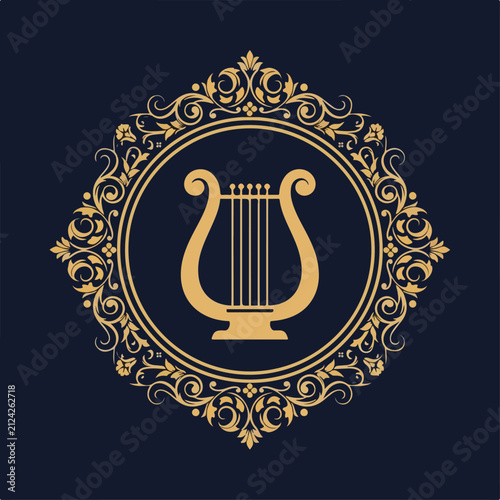 Elegant gold lyre logo with intricate floral frame.