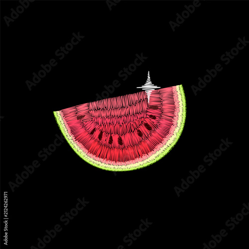 Watermelon slice embroidery design with sparkle. Summer fruit needlework stitch style vector art. Clothing towel bag cover print packaging branding. Black background hand-stitched vector illustration.