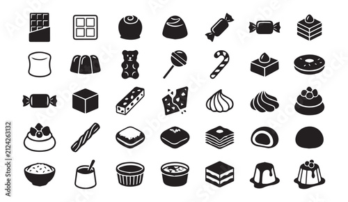 Assorted sweet treats and confectionery icons with chocolate, confectionery