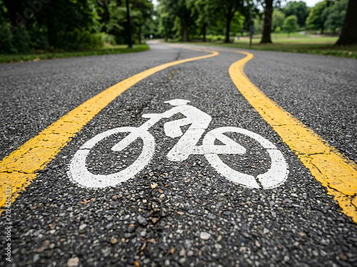 White bicycle symbol painted on a paved asphalt bike lane in a public park with yellow lines