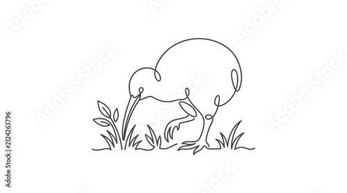 Foto Single continuous line drawing of a kiwi bird foraging in the grass