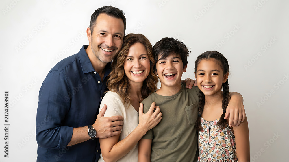Obraz premium Happy Family Portrait of Parents with Son and Daughter on White Background