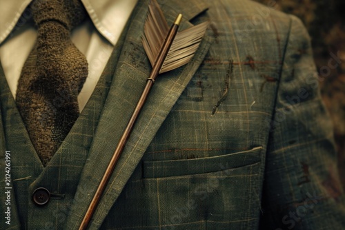 Stylish man's plaid tweed suit with an arrow piercing the lapel, symbolizing an unexpected attack
