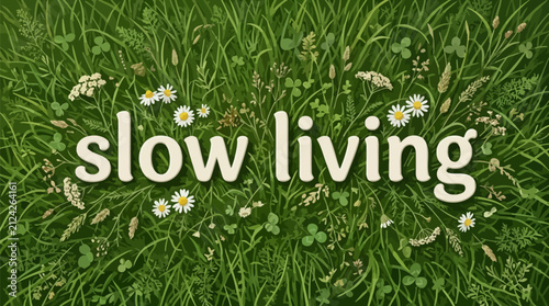 Slow living lettering over green meadow grass with white chamomile flowers illustrative natural background with background filled stylized living centered lush