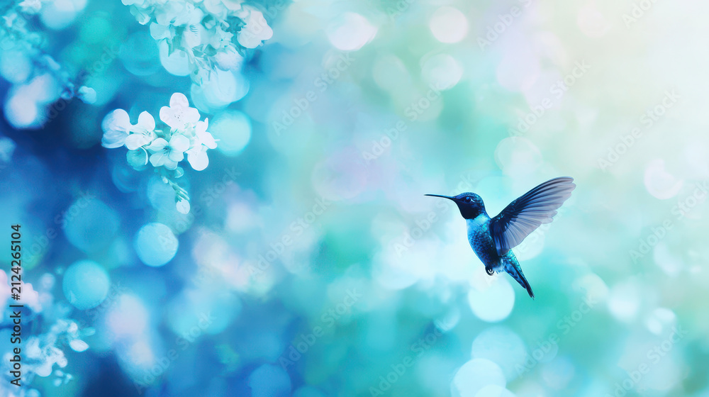 Fototapeta premium Vibrant hummingbird hovers gracefully amidst dreamy blue and green background, surrounded by soft floral elements
