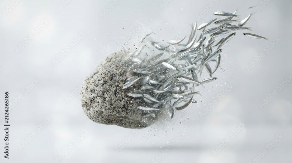 Fototapeta premium School of small fish transforming into a stone