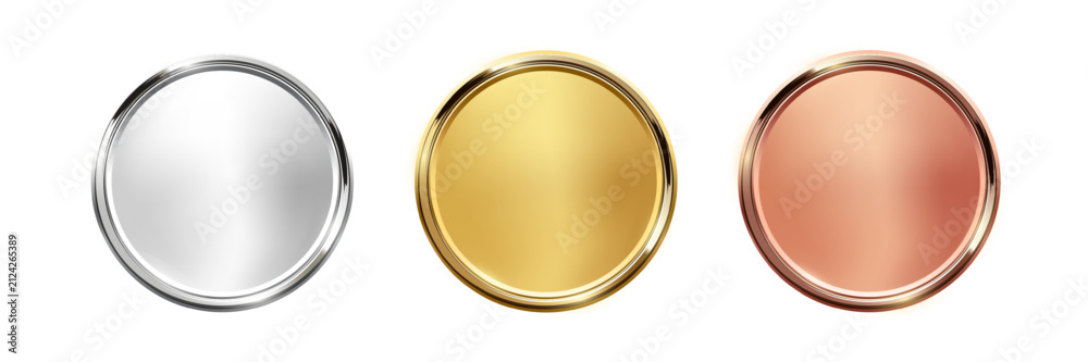 Fototapeta premium Gold, silver, bronze medals. Realistic 3D metallic round award medals , symbolizing first, second, third place in sports, competitions, athletic events. Winner emblems. Vector illustrations set.