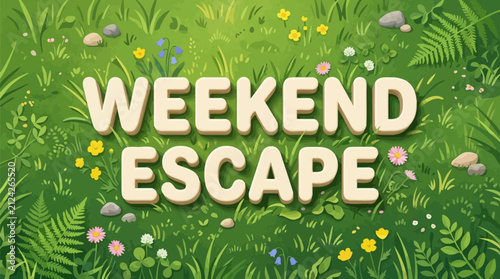 Weekend escape typography design featuring three dimensional letters resting within a vibrant lush green meadow landscape with typography nestled amongst