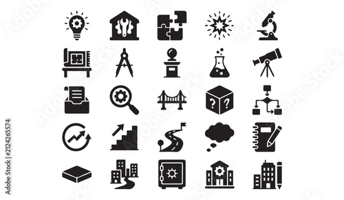 Research development and strategic technical innovation icon set with research