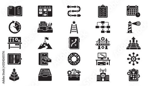 Professional office management and strategic planning black icon set