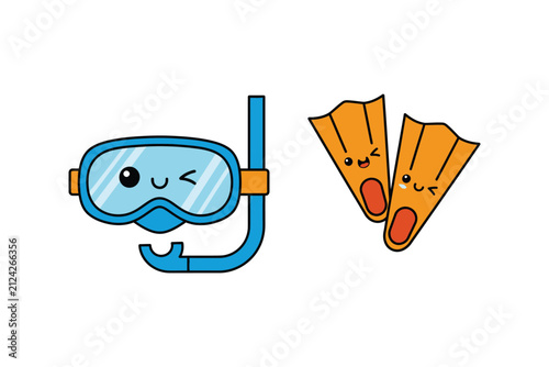 Kawaii Snorkel Mask and Flippers Cartoon Vector Set