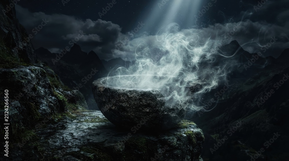 Fototapeta premium Steaming stone bowl on mountain cliff at night