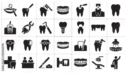 Comprehensive dental care and oral hygiene icon set with dental health, cleaning