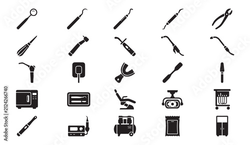 Dental clinic surgical instruments and laboratory equipment icons with equipment
