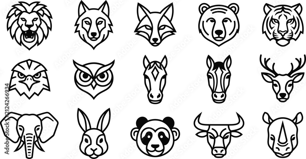 Fototapeta premium Set of fifteen wild animal head icons featuring lion wolf fox bear tiger eagle owl and others