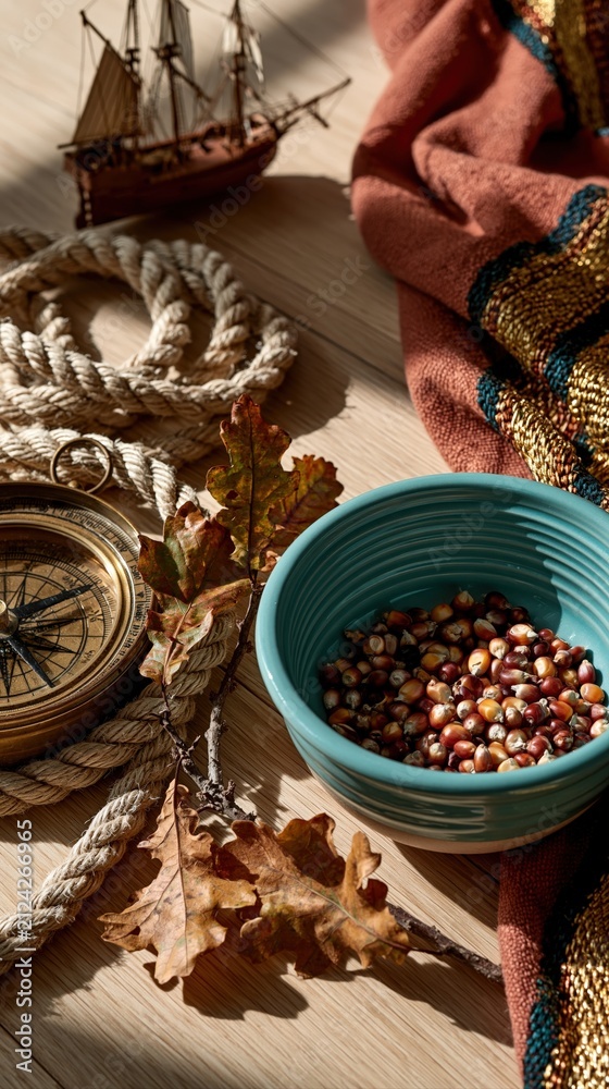 Fototapeta premium Compass and Corn Kernels in Autumn Nautical Still Life