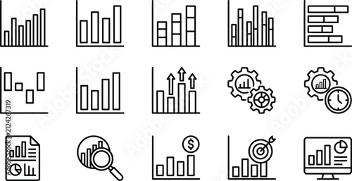 Set of thin line business data analysis icons featuring various bar charts and financial performance growth indicators
