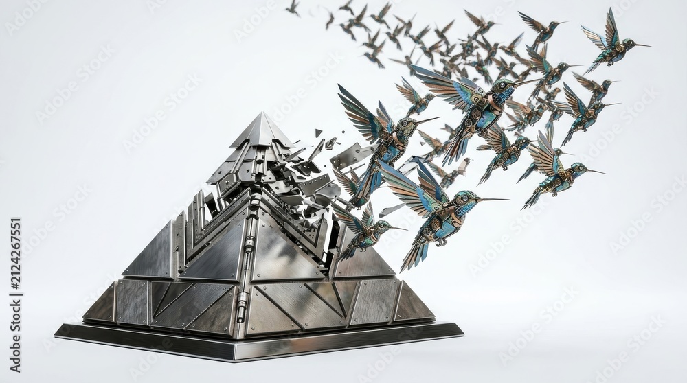 Fototapeta premium Metallic pyramid structure transforming into mechanical hummingbirds