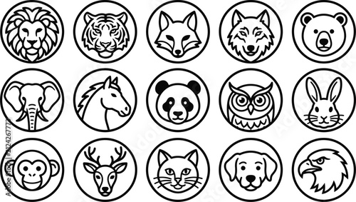 Canvas Print Set of fifteen circular animal head icons featuring various wild and domestic sp